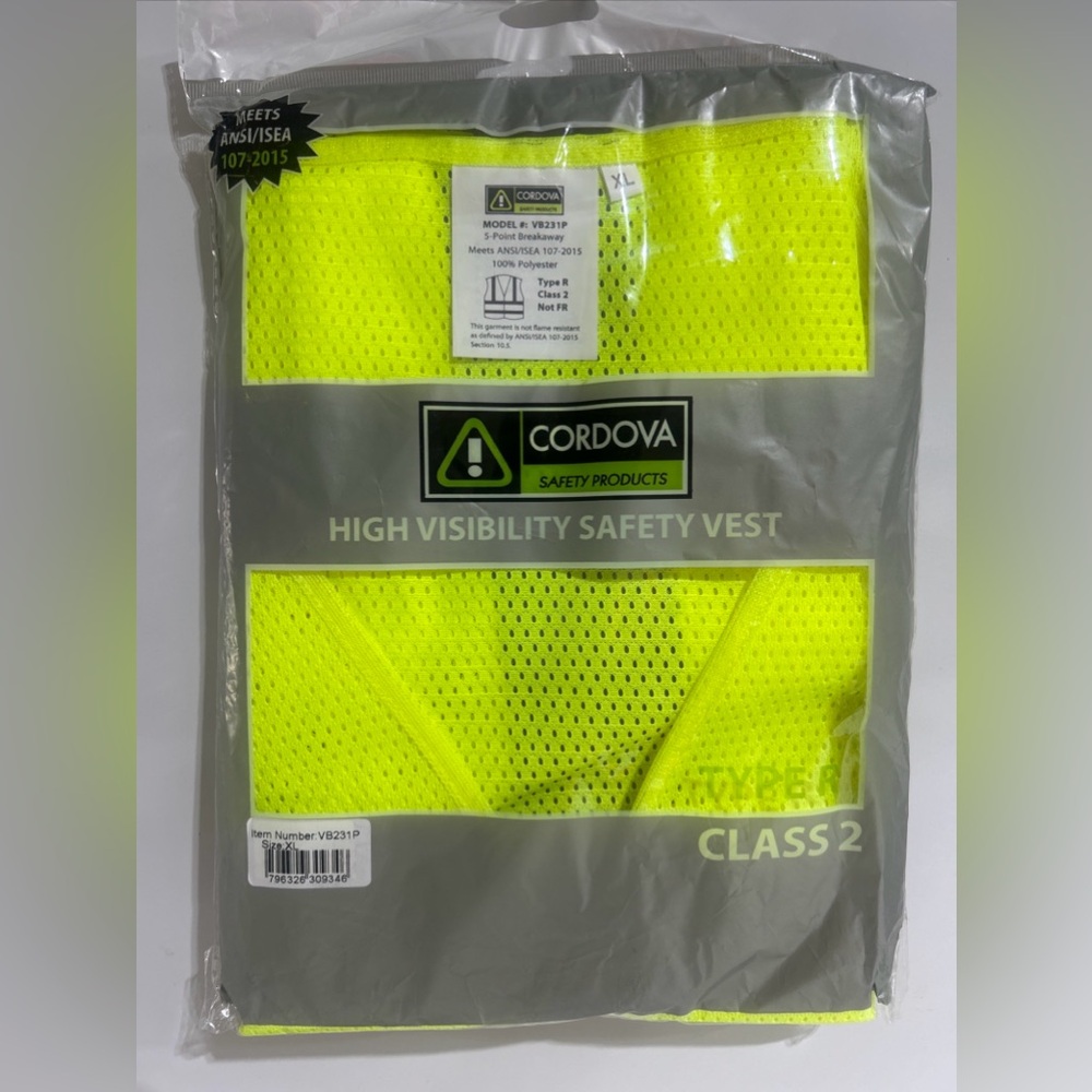 Cordova High Visibility Safety Vest Type R Class 2 Model # VB231P XL NEW YELLOW